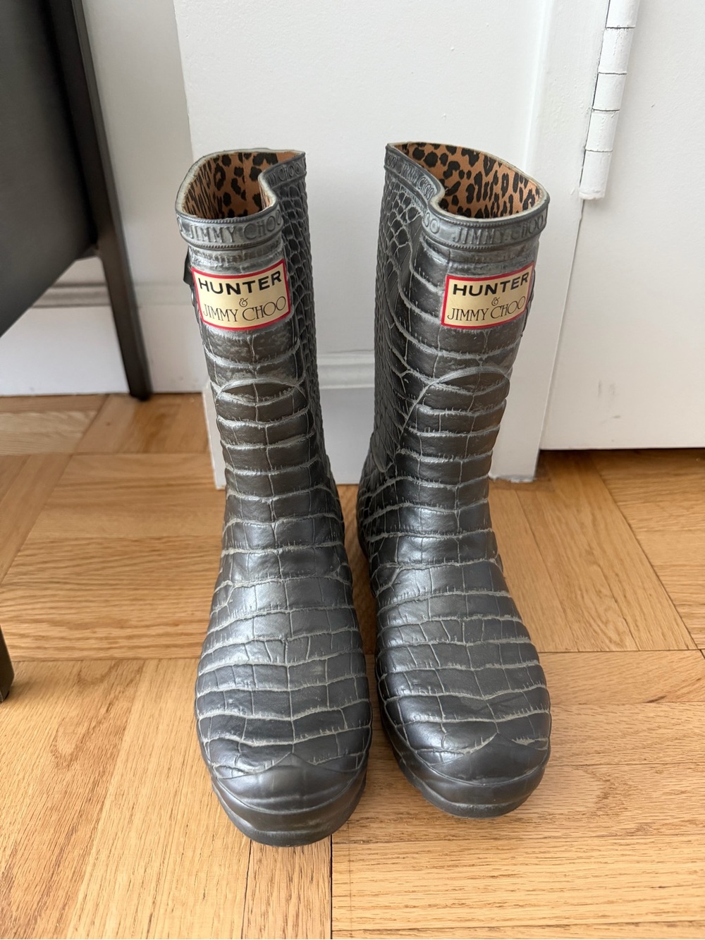 Jimmy Choo X Hunter Metallic Gray Croc-Effect Rain Boots